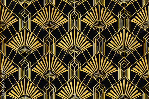 A sophisticated Art Deco pattern featuring geometric shapes in gold on a black background. Perfect for luxury branding, vintage designs, and elegant decor projects.