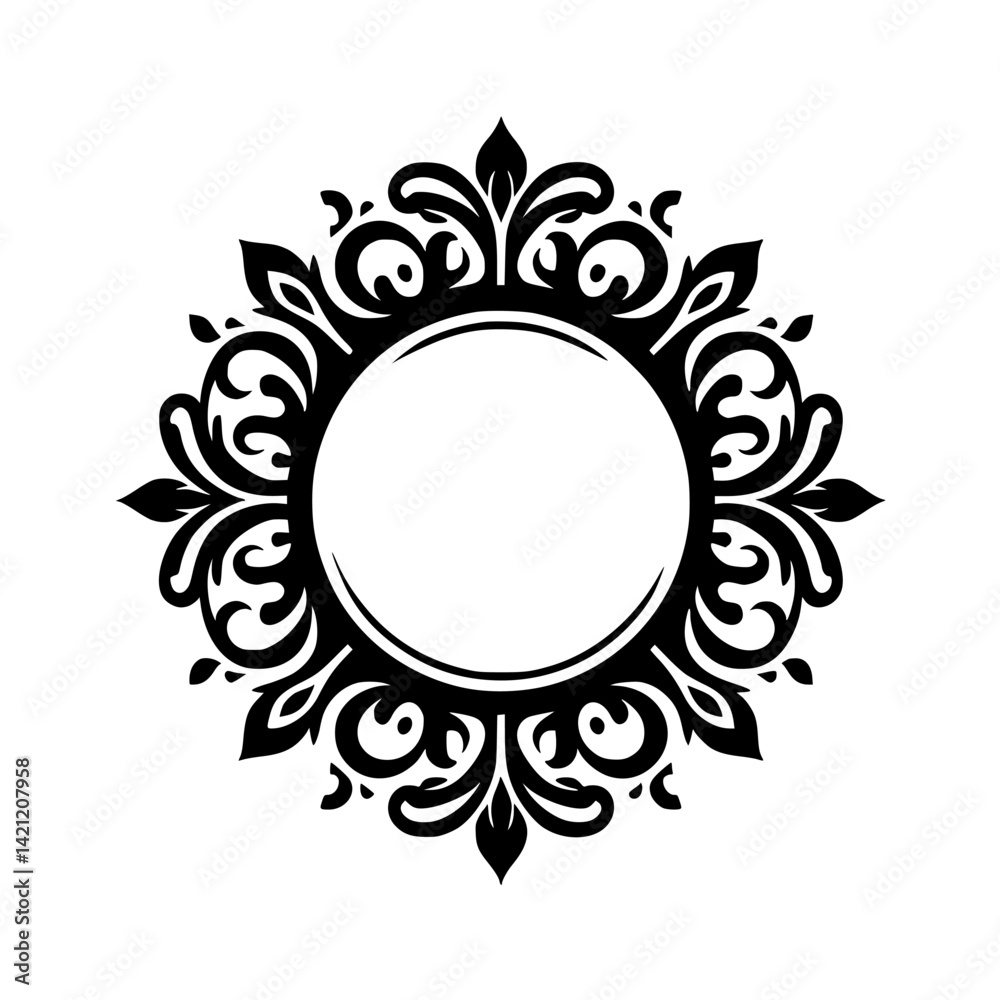 Elegant Black and White Circular Floral Frame, Decorative Ornament