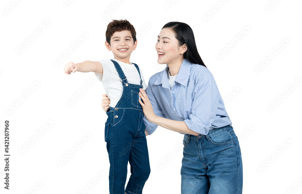 Portrait of Asian mother and boy posing on the background Portrait of Asian mother and boy posing on the background