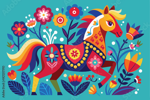 Vibrant illustration of a folk art horse surrounded by colorful flowers, showcasing a lively expression and intricate details. Perfect for cultural and decorative themes.