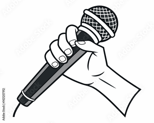 Hand Holding Microphone: Speech, Interview, Performance, Communication, Voice.