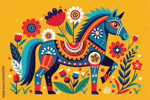 Vibrant folk art style illustration of a blue horse adorned with intricate floral designs. Perfect for festive and cultural artwork themes, featuring bold colors and decorative patterns.