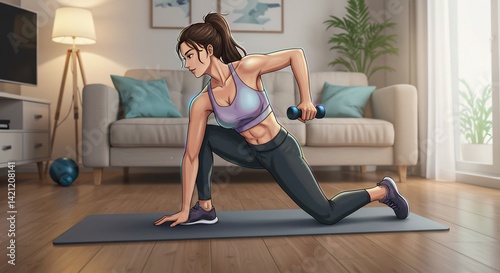 Woman intensely exercises indoors using dumbbells warm light. AI Generated