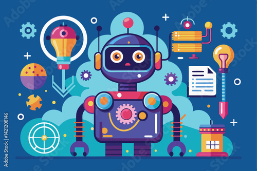 A vibrant cartoon robot stands amidst various technology and science symbols, highlighting innovation and creativity in a futuristic digital world.