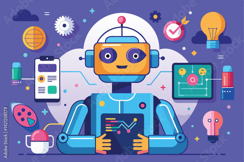 Illustration of a friendly robot surrounded by modern technology elements, showcasing data analysis, artificial intelligence, and innovation in a colorful style.