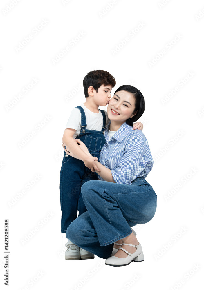 Full body image of Asian mother and boy posing on the background Full body image of Asian mother and boy posing on the background