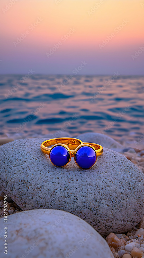 Obraz premium Two Gold Rings with Blue Gemstones on Beach Rocks at Sunset