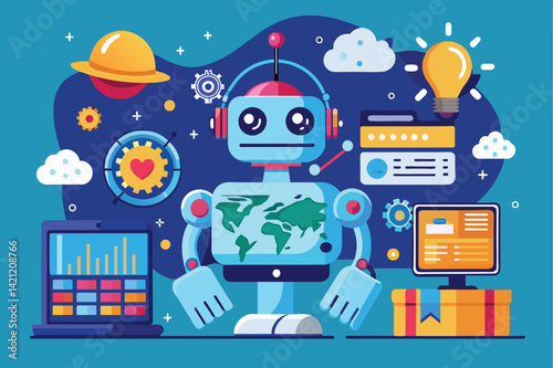 Illustration of a cheerful robot surrounded by various technological icons, representing innovation, creativity, and future technology in a vibrant style.