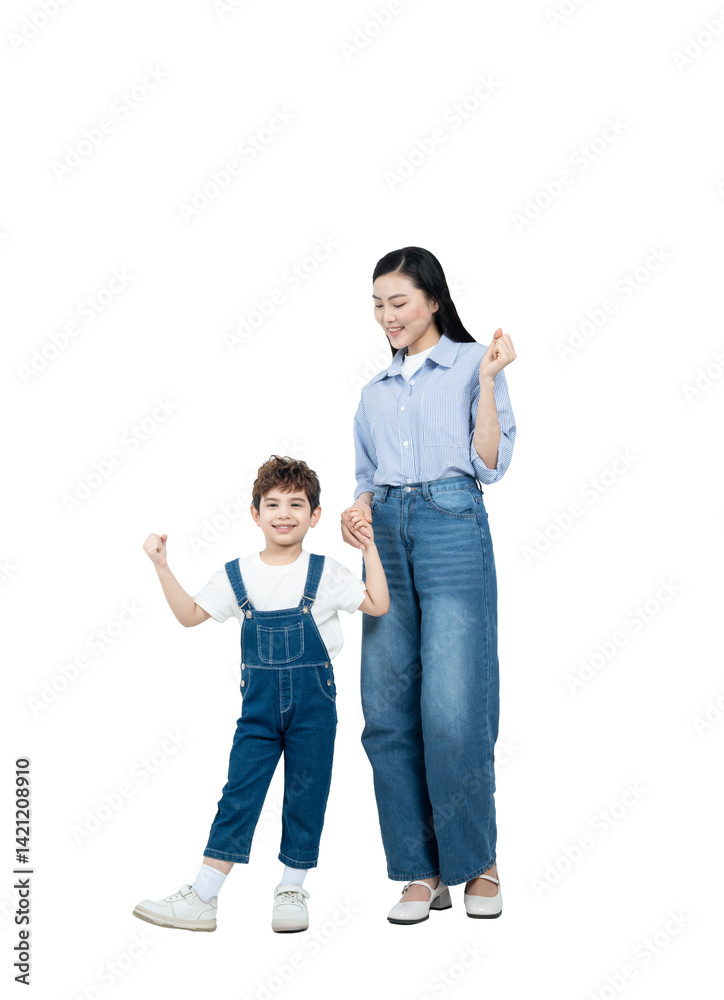 Full body image of Asian mother and boy posing on the background Full body image of Asian mother and boy posing on the background