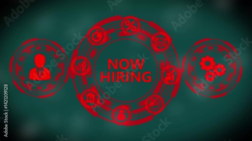 Business, Technology, Internet and network concept. NOW HIRING inscription, modern technology business concept.
