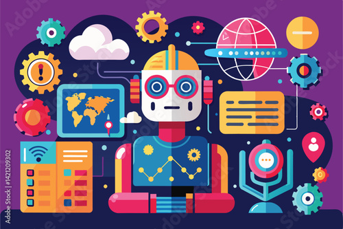 Vibrant illustration of a futuristic robot surrounded by digital technology elements representing innovation, communication, and global connectivity in a modern, graphic style.