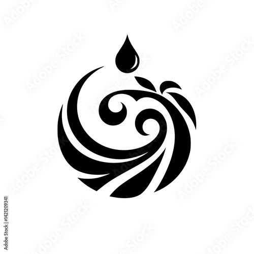 Elegant Black & White Water Drop Logo, Floral Swirl Design