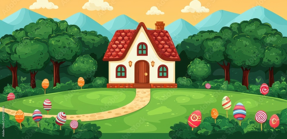 Fototapeta premium Charming Candy House Surrounded by Lush Green Forest and Mountains