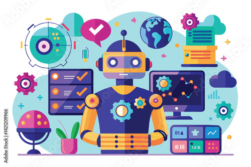 Vector illustration of a vibrant futuristic robot surrounded by various technology and data elements. Ideal for AI, innovation, and digital transformation concepts.