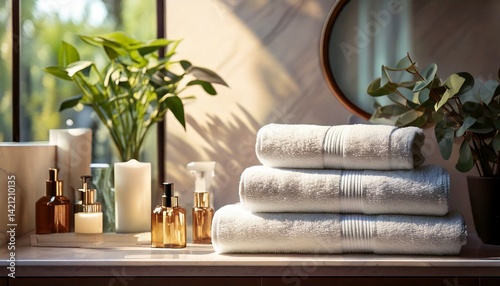 美しい洗面所、たたまれた奇麗で清潔な白いタオル