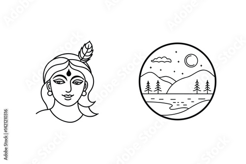 Krishna Outline Portrait With Feather And Circle Landscape Vector Illustration
