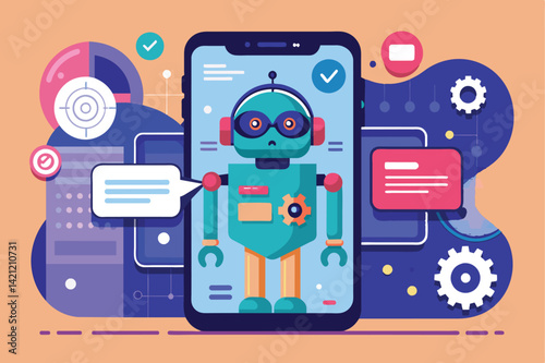 Illustration of a futuristic robot displayed on a mobile phone screen, showcasing digital interface and technology advancements.