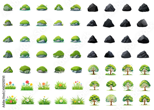 Set of plant,grass,flower,rock, and tree with its silhouette illustration,rock vector set,Wildflowers, Countryside, Rural view,