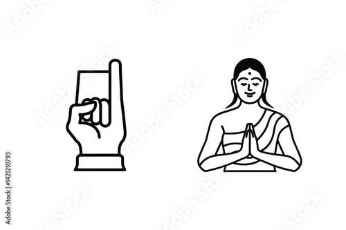 Traditional Indian Woman Namaste Gesture And Hand Raising Index Finger Outline Isolated