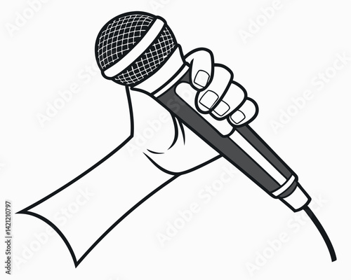 Hand Holding Microphone: Speech, Interview, Performance, Communication, Voice.