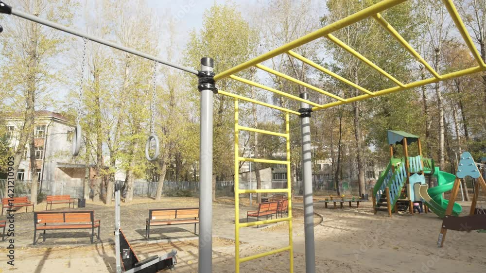 Fitness zone equipped with rings and ladders to support different exercises. Favorite spot for calisthenics lovers. Built for all fitness levels