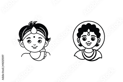 Outline Illustrations Of Two Hindu Children With A Bindi On Their Foreheads