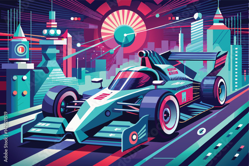 A vibrant illustration of a futuristic racing car speeding through a neon-lit sci-fi cityscape, capturing the essence of speed and technology.