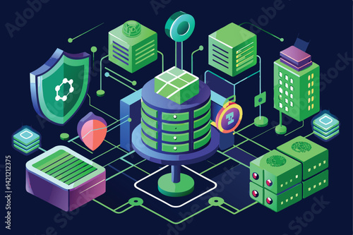 Illustration of a digital data network, featuring servers, cybersecurity elements, and interconnected technology in a futuristic style.
