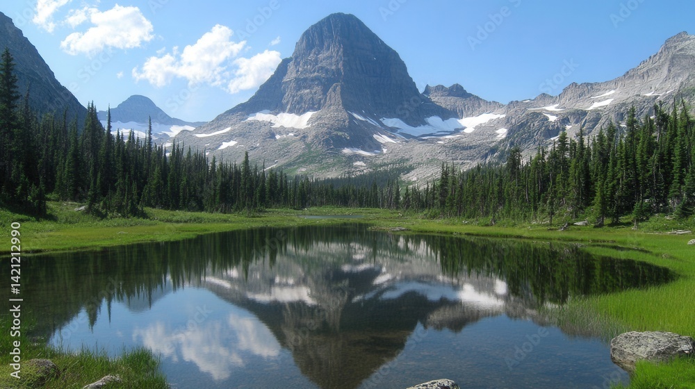 Serene mountain lake reflecting sky and peaks Serene mountain lake reflecting sky and peaks
