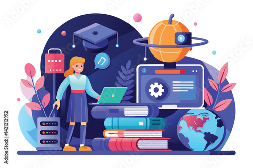 Illustration of a student engaged in digital learning, surrounded by educational tools, technology, and global symbols, representing modern education and knowledge acquisition.