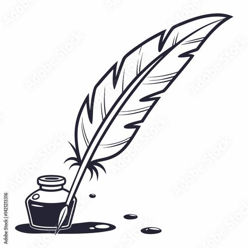 stylized ink drop forming shape of quill pen