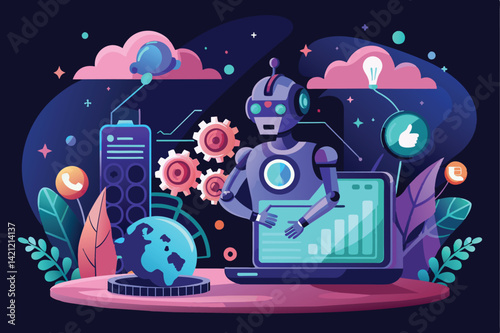 A vibrant illustration of a robot interacting with digital data, showcasing technology, innovation, and futuristic concepts in a colorful setting.