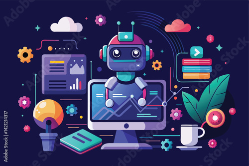 Vibrant illustration of a robot interacting with digital elements, representing artificial intelligence in a creative and technological environment. Ideal for technology, AI, and innovation concepts.