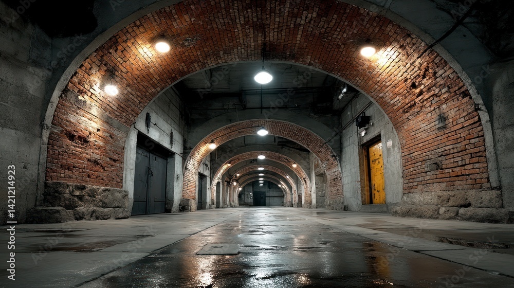 Naklejka premium Walking Through an Arched Brick Tunnel with Lights and Wet Floor