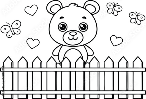 Cute Line Art Bear Behind Fence with Hearts and Butterflies, Coloring Page Style