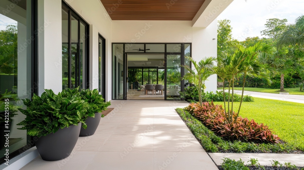Fototapeta premium Modern home entrance with elegant landscaping, large windows, and stylish planters showcasing lush greenery
