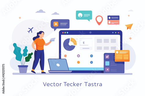 Colorful illustration showing a woman engaged with digital devices and platforms. Perfect for representing technology, communication, and digital interaction concepts.