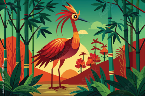 A vibrant illustration of a colorful bird standing in a lush jungle environment, surrounded by bamboo and exotic plants, evoking a sense of adventure and nature.
