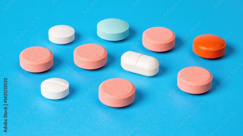 Variety of Colorful Tablets and Pills on Bright Blue Background for Health and Wellness Concepts Variety of Colorful Tablets and Pills on Bright Blue Background for Health and Wellness Concepts