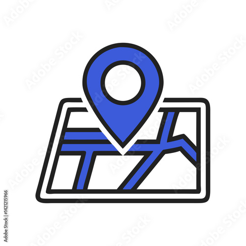 Location pin icon on map in blue and black outline style