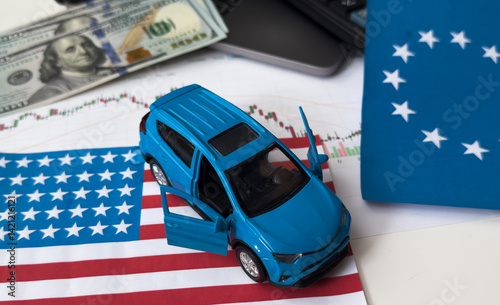 flags of the United States and the European Union, dollars, charts