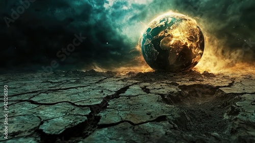A cracked and barren Earth from environmental damage, with dry, lifeless soil and scarce vegetation.