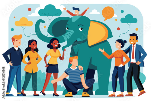 Illustration of a cheerful, diverse group of people interacting with a cartoon elephant in an outdoor setting, emphasizing friendship and fun.