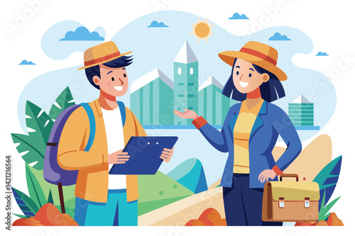Two cheerful travelers interact with a map, enjoying their adventure in a bright urban setting. The sun shines over modern buildings and lush greenery.