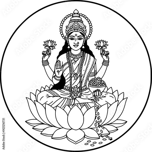 Lakshmi Goddess icon in circle round black color vector illustration image outline contour line thin style
