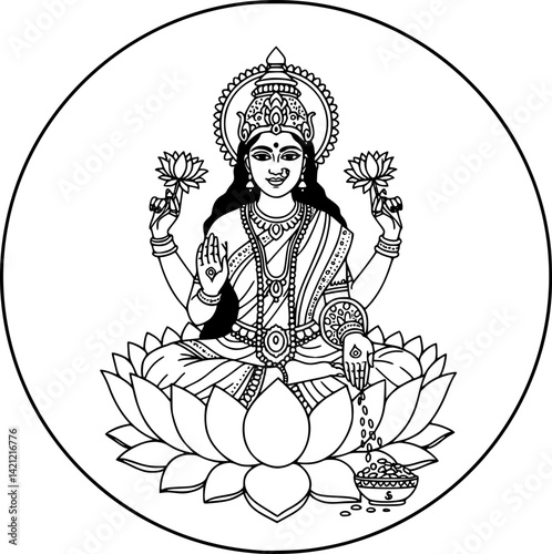 Lakshmi Goddess icon in circle round black color vector illustration image outline contour line thin style
