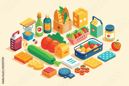 Vibrant isometric illustration showcasing a variety of groceries and food items. Includes bread, cheese, fruits, vegetables, and beverages, highlighting diversity in a kitchen setting.