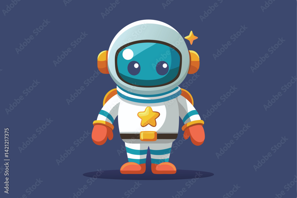 Fototapeta premium Adorable cartoon astronaut character wearing a space suit with a star emblem. Ideal for children's space-themed designs and playful illustrations.