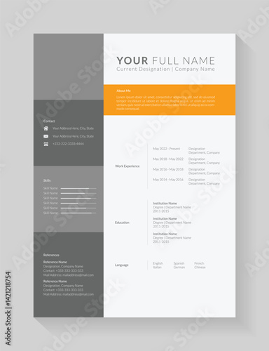 Clean and modern resume or cv template for job candidates. Minimalist simple cv template fully editable. Professional resume letterhead, cover letter business layout for job applications. A4 size