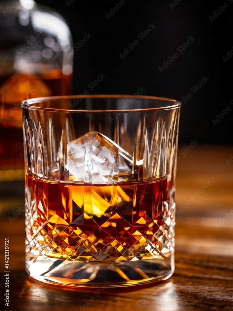 glass of whisky with ice on wooden table glass of whisky with ice on wooden table
